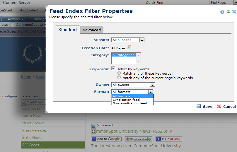 Feed Index Filter Properties