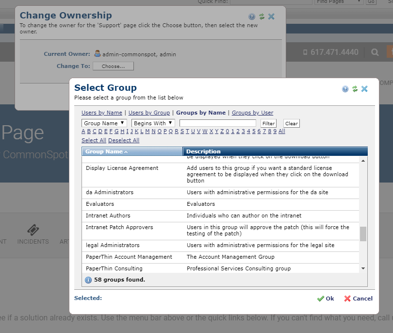 Select Group dialog for Changing Owner